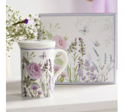 Kubek porcelanowy z zaparzaczem w pudełku ozdobnym Lavender