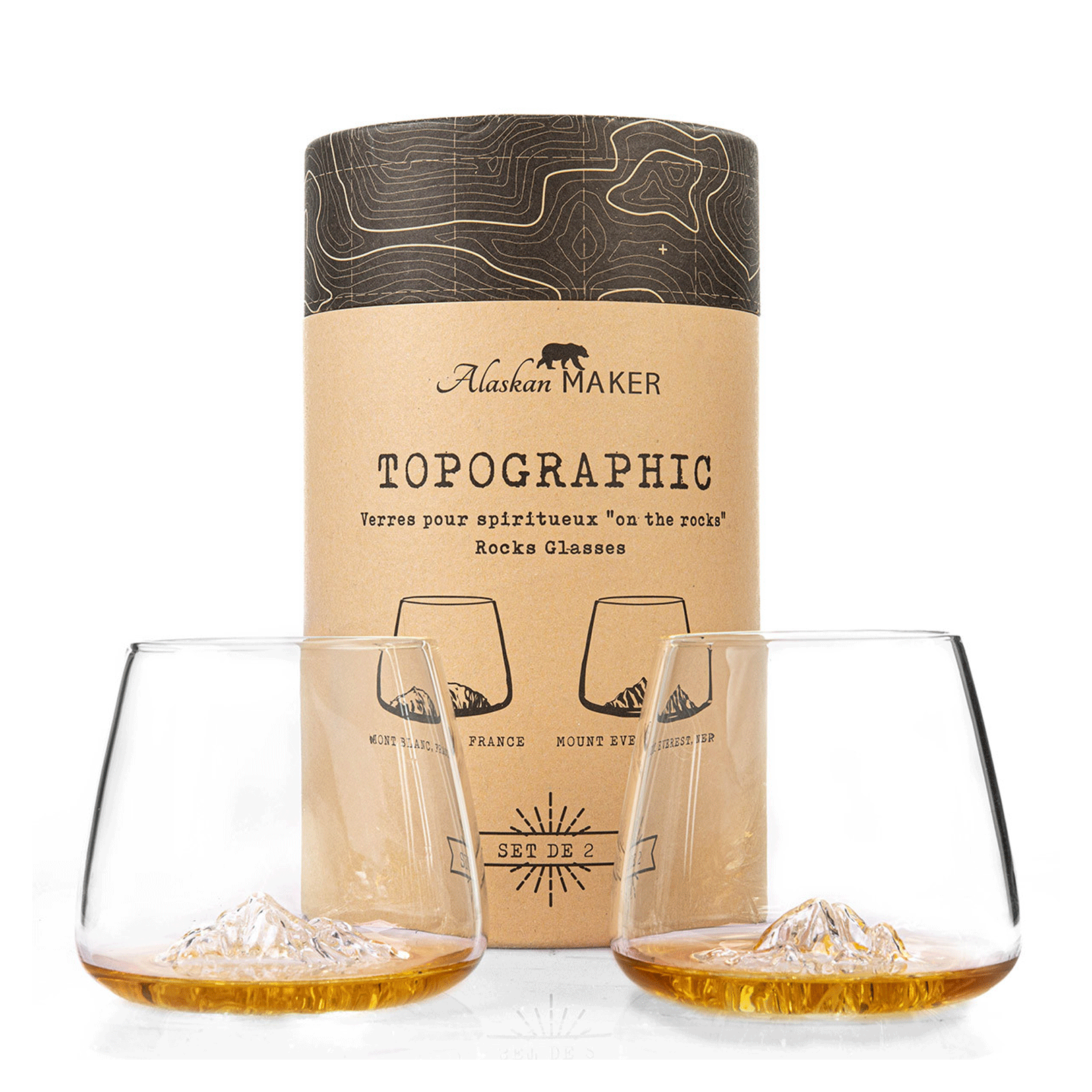 Zestaw 2 szklanek do whisky - Topographic - Mont Blanc & Everest